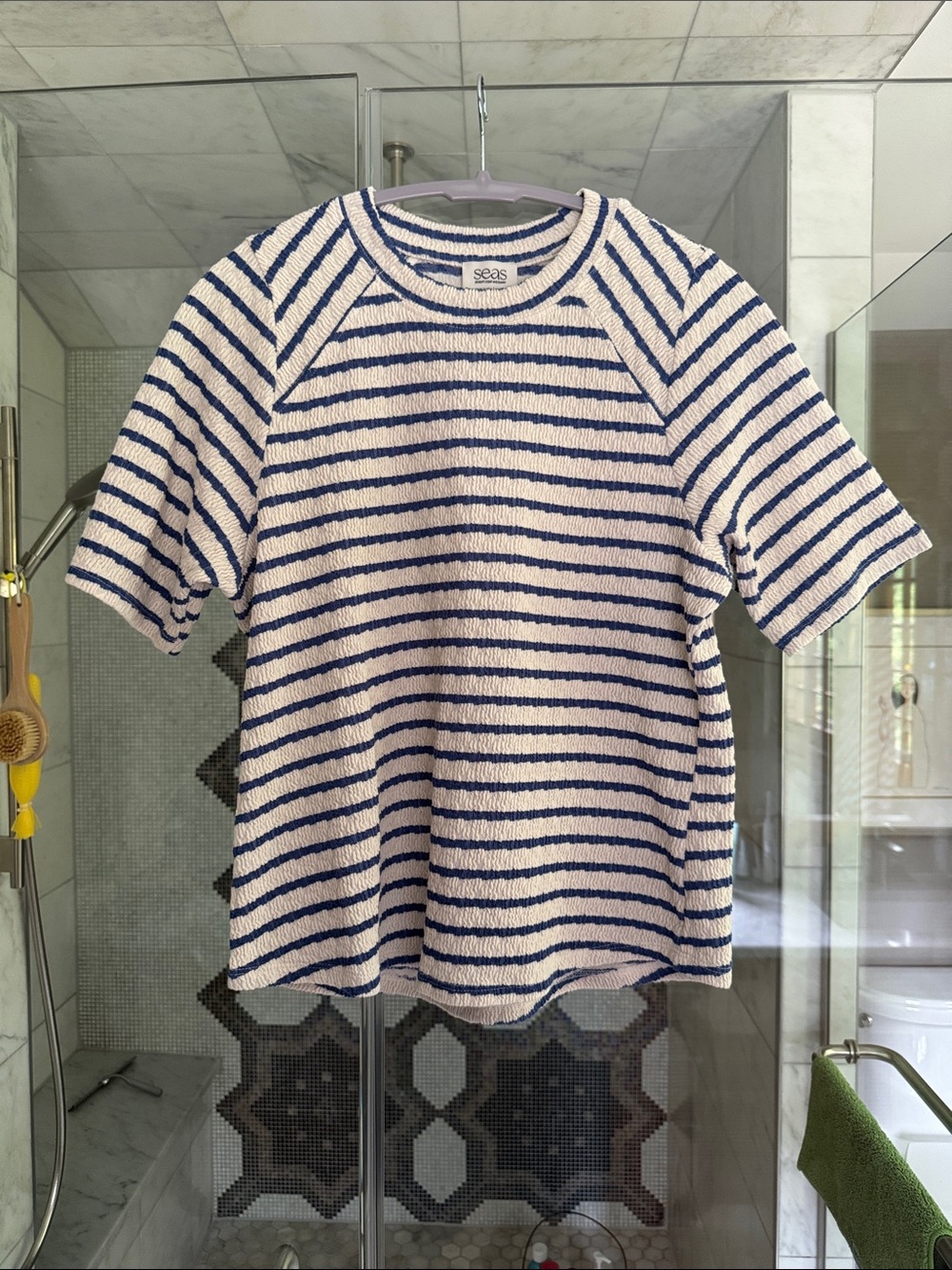Striped Short-Sleeve Knit Top in White & Navy
